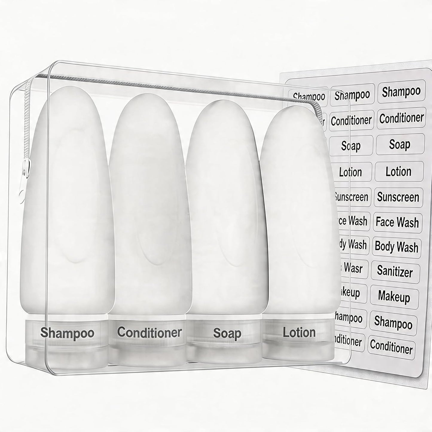 Leak Proof Travel Bottles - TSA Approved 3oz Silicone Toiletries for Shampoo & Conditioner | Set of 4 with Labels