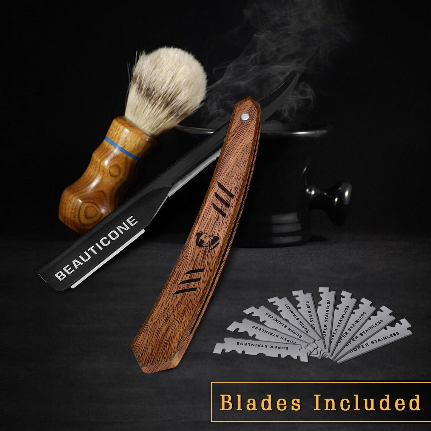 BEAUTICONE Straight Razors for Men - Professional Wood Handle Straight Edge Razor with 20 Replaceable Single Edge Blades - Stainless Steel Barber Shavette for Beard Shaving - Navajas para Barbero