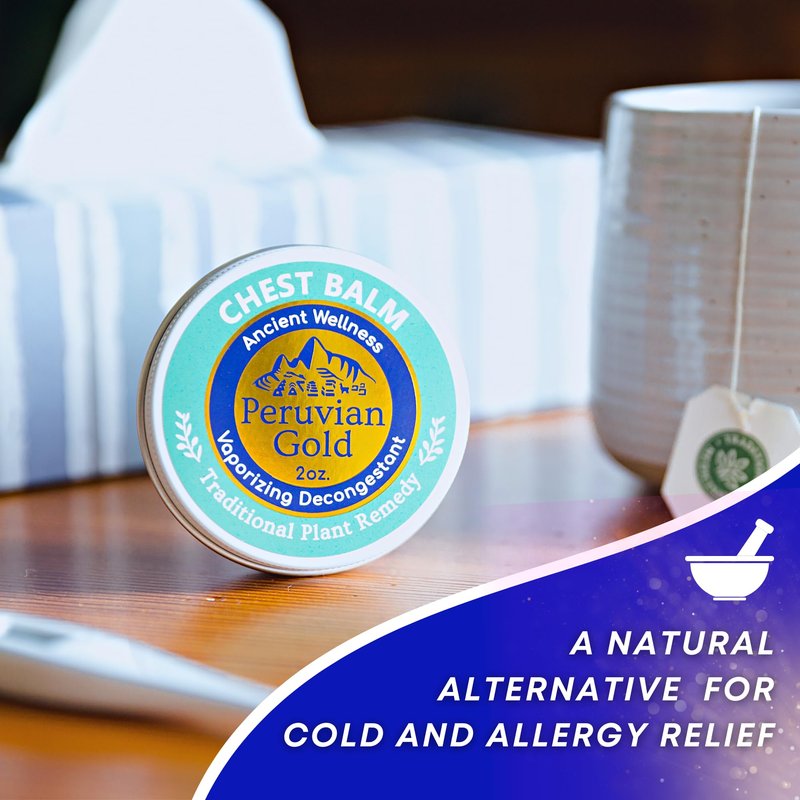 Peruvian Gold Chest Rub Balm Aromatic vaporizing Balm formulated to Soothe colds, Cough and Allergies. Made with Fast-Acting Eucalyptus and Pine to facilitate deep and Clear Breathing.