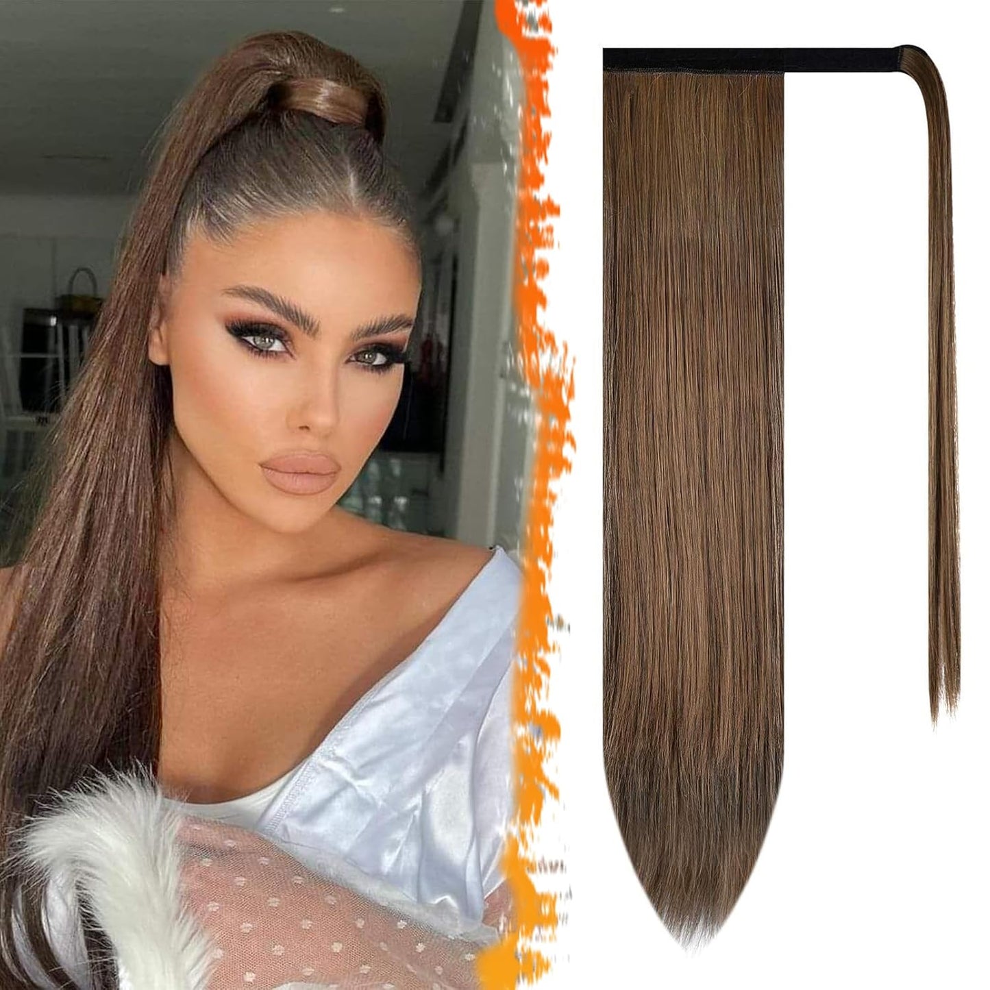 Dark Brown Straight Ponytail Extension - 28 Inch Clip-In Hairpiece for Women | Synthetic Wrap Around Style