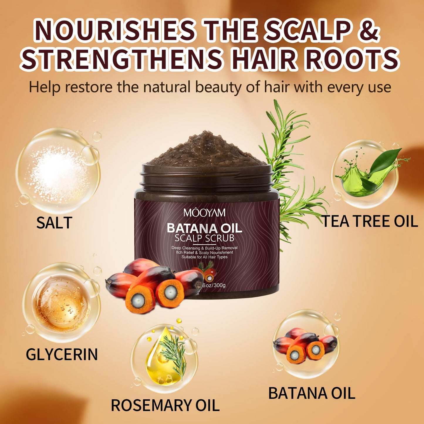 Scalp Scrub with Batana Oil, 2-in-1 Shampoo Scalp Exfoliator for Hair Treatment, Includes Silicone Scalp Massager, Removes Buildup & Dandruff, 10.6oz