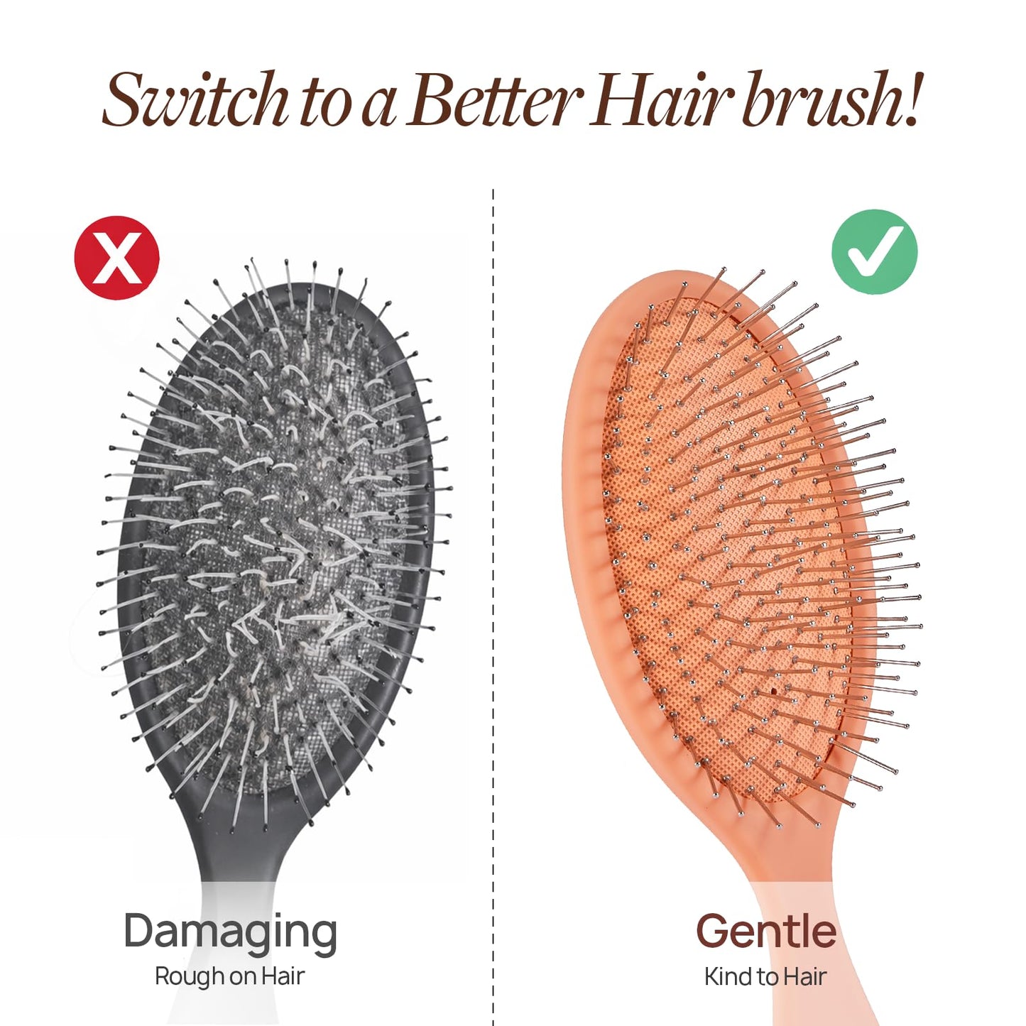 Yulume 2-Pack Paddle Brush Set, Air Cushion Round-Tip Steel Pins for Scalp Massage, Pain-Free Detangling for Wet, Dry, Curly & Thick Hair, Anti-Static, Bonus Tail Comb & Clip, Pink & Orange