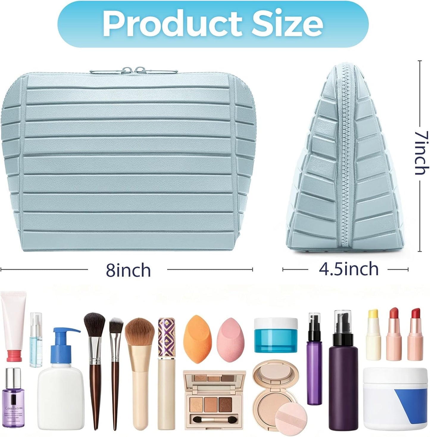 Travel Makeup Organizer Bag - Large Capacity with 27 Pockets & Adjustable Dividers | Light Blue
