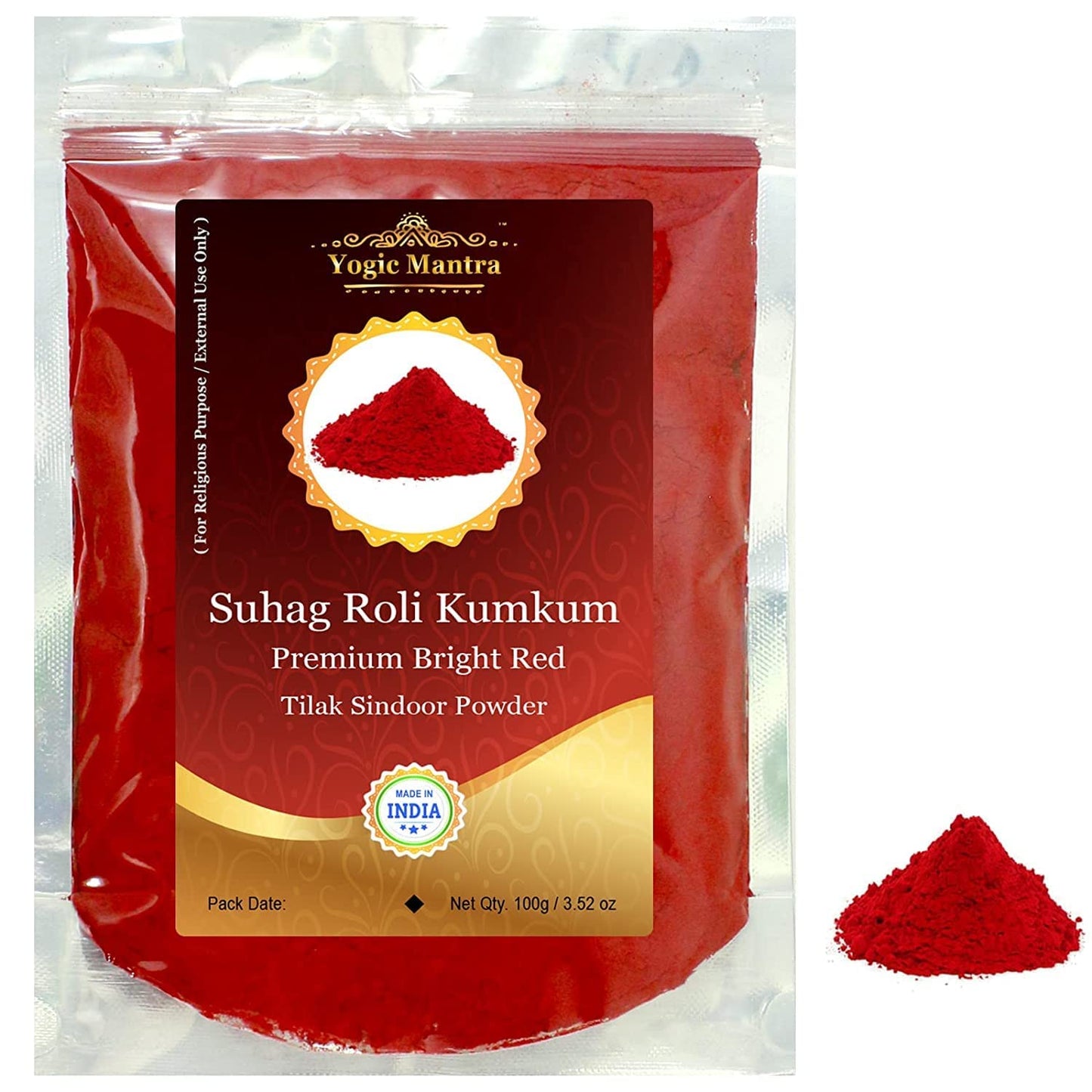 Yogic Mantra Kumkum Powder (100g Resealable Pouch) Bright Red Color Suhag Roli Sindoor Ceremonial Mark Lal Sindur Laxmi Devi Hindu Pooja Bridal Tilak Suhag Tikka Indian Rakhi Puja Religious Ceremony