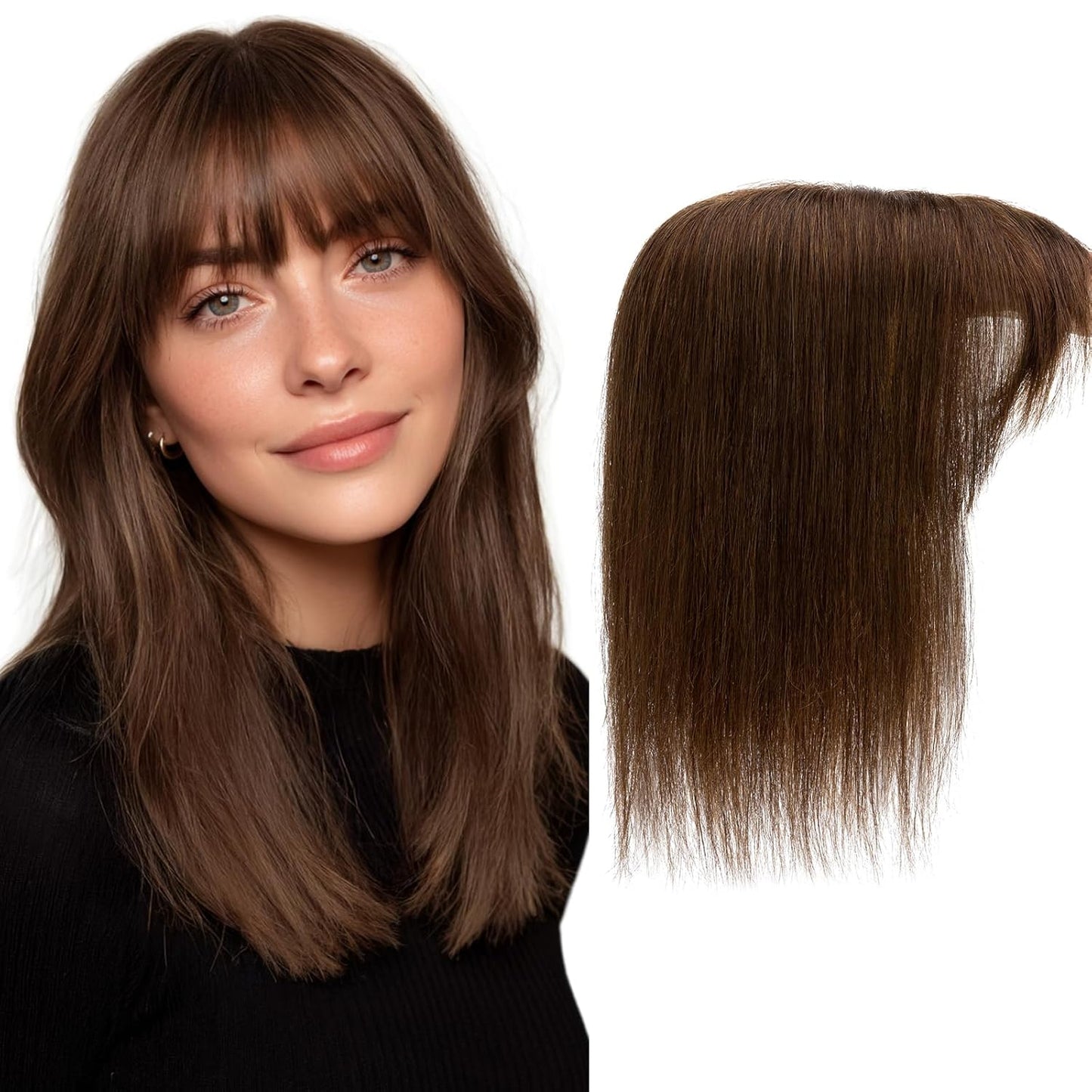Hair Toppers for Women - Real Human Hair Clip-In 10 Inch Straight Hairpieces | Medium Brown Silk Base with Bangs