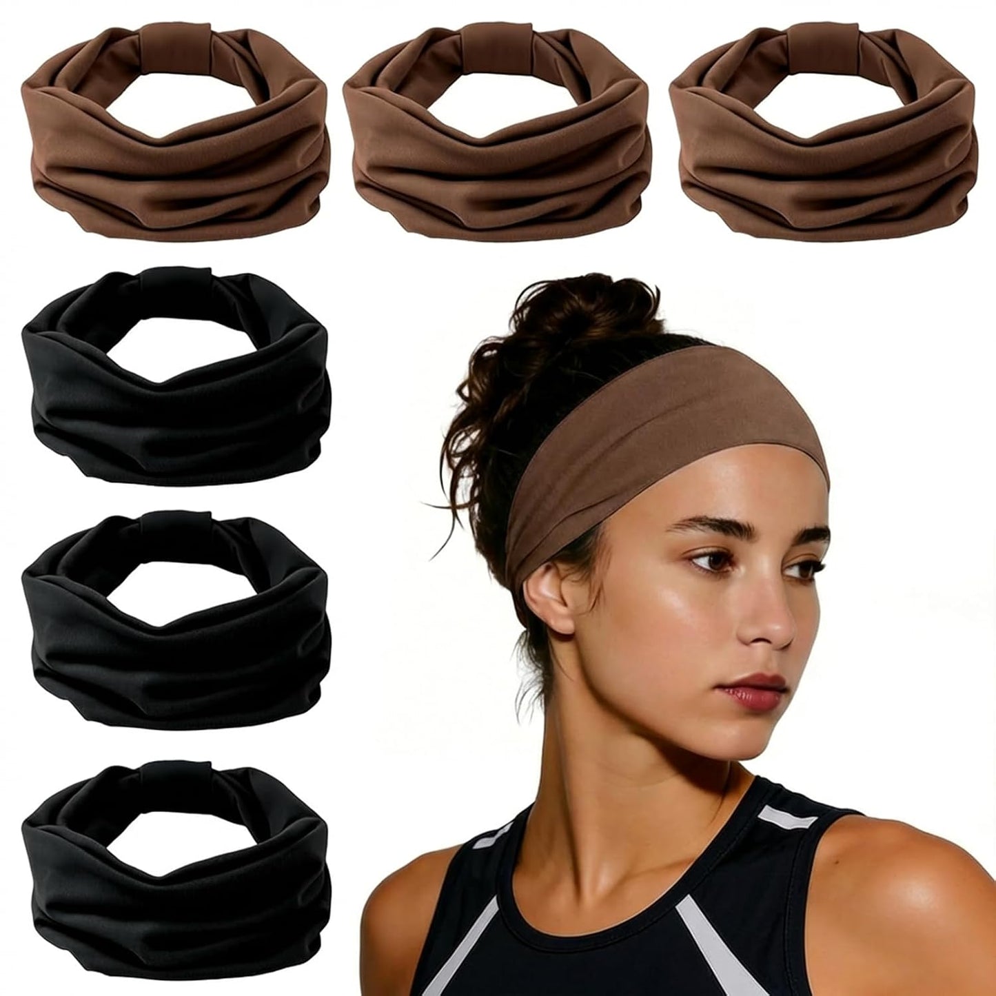 Wide Elastic Headbands for Women - 6 Pack Non-Slip Thick Sports Bands | Soft Knotted for Workout, Makeup & Spa