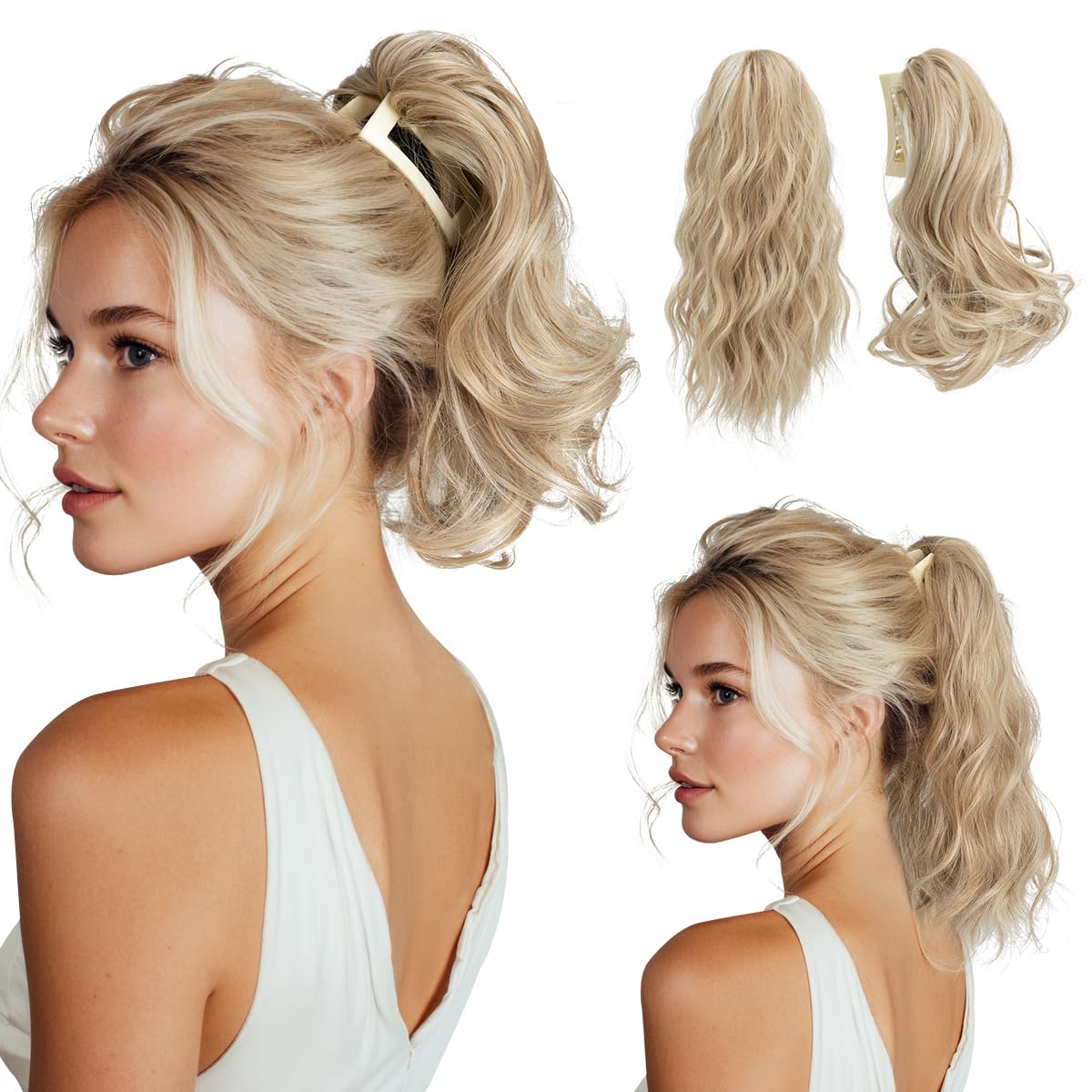 Ponytail Extensions - Wavy Curly Claw Clip Hairpieces for Women | 12" & 14" Beige Multi Set