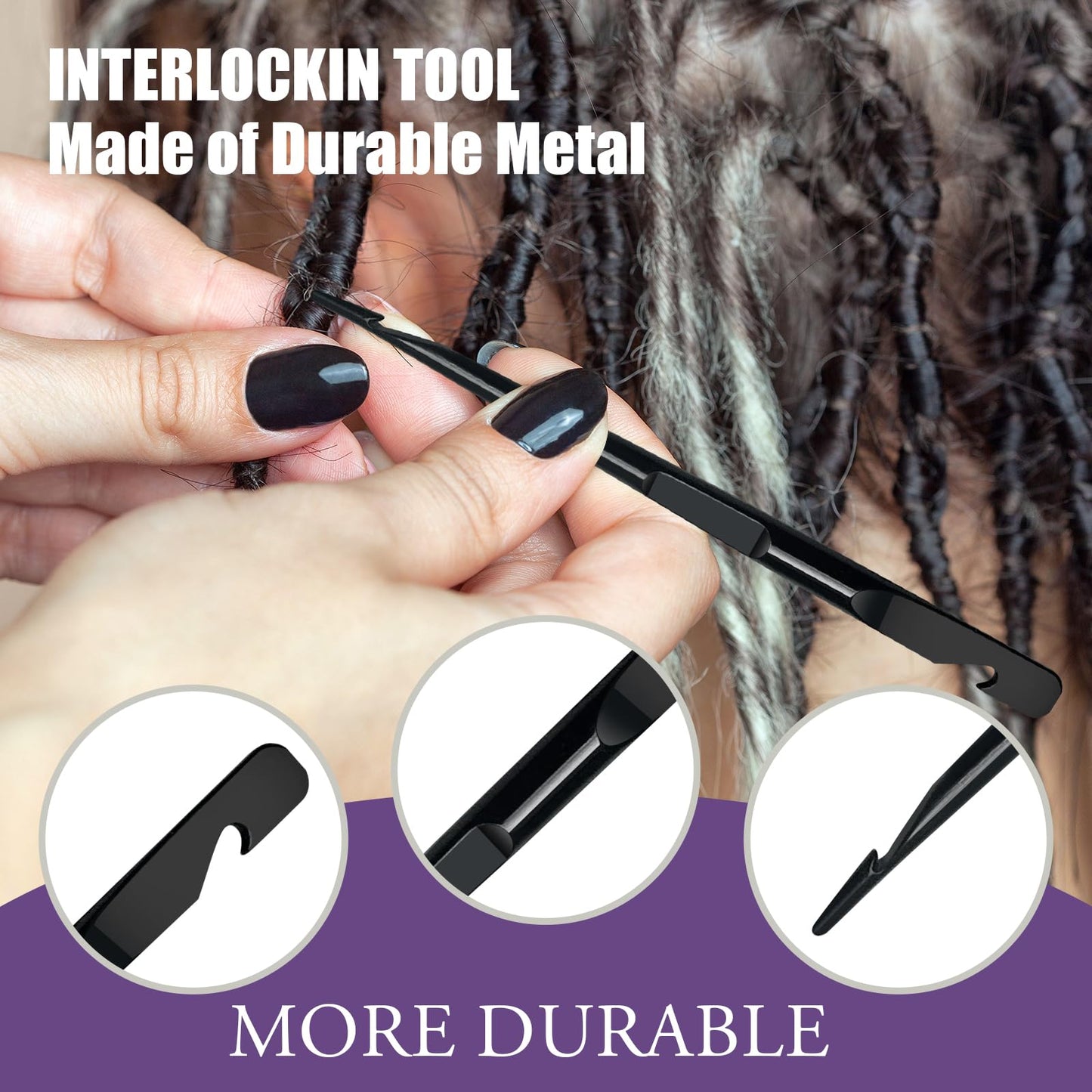 Dreadlock Retightening Tool, Interlocking Crochet Needle Set, Dual Ended Metal Needles for Locs and Sisterlocks (Black 1-Pack)