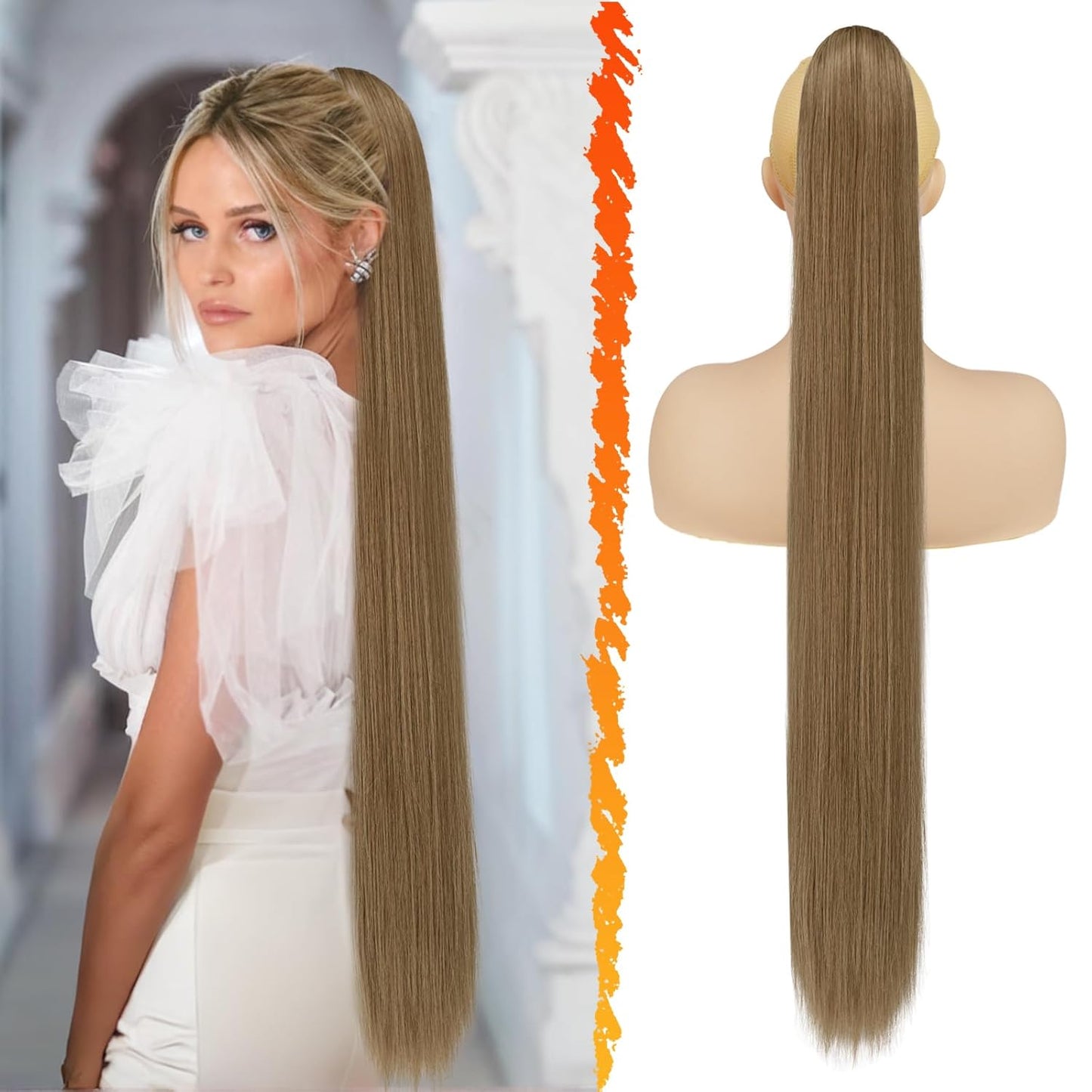 Long Straight Ponytail Extension - 26 Inch Brown Synthetic Clip-In Hairpiece for Women | Light Brown Mixed