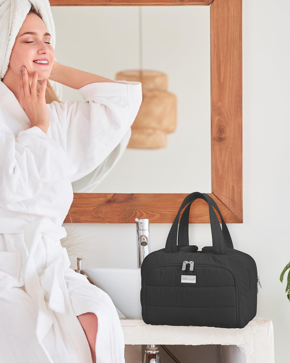 Travel Toiletry Bag for Women - Large Lightweight Puffer Makeup Organizer with Handle | Black