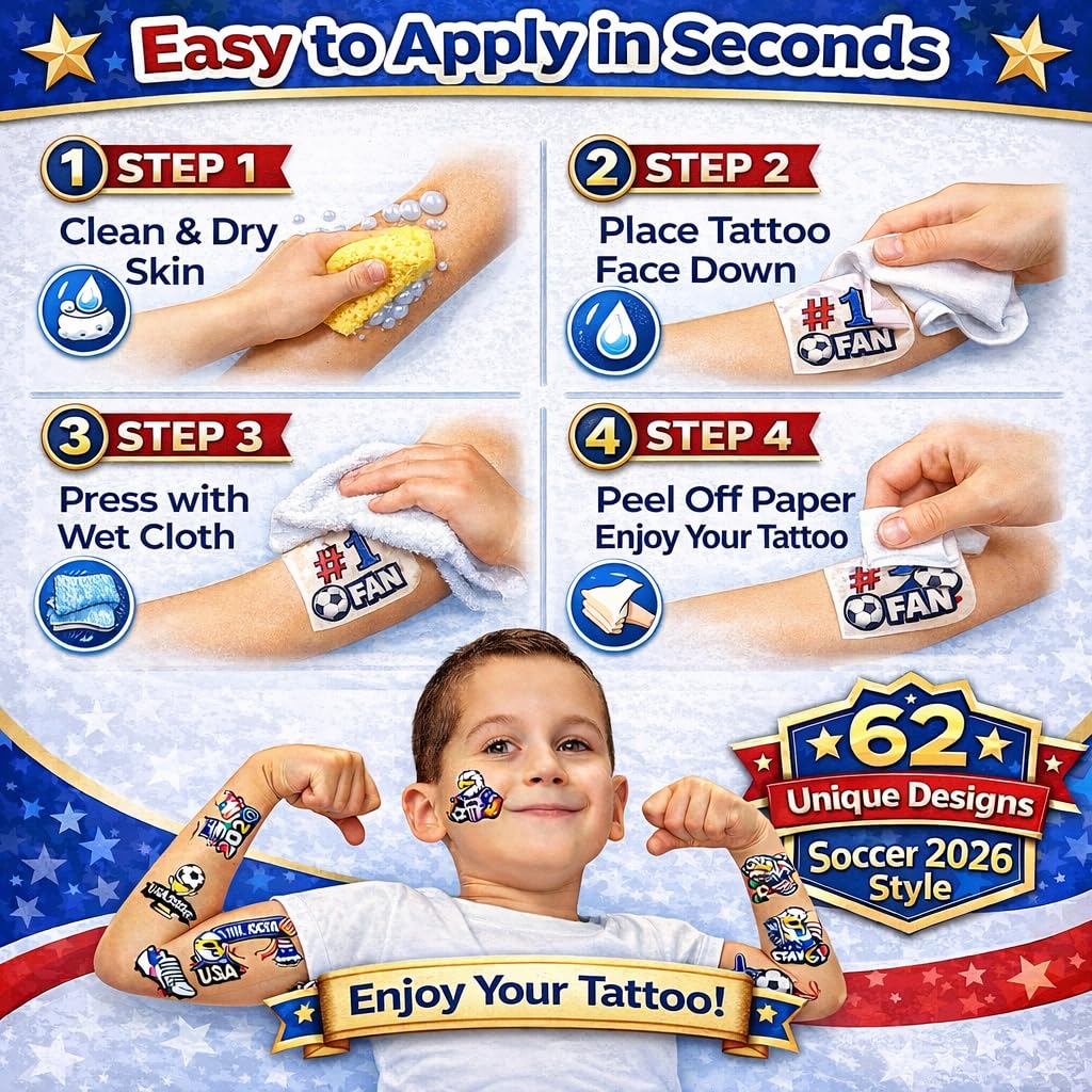 62Pcs Soccer Temporary Tattoos – USA Soccer Party Favors, American Flag Fan Tattoos, 2026 Soccer Cup Decorations, Birthday Party Supplies, Patriotic Tattoos for Fans, 2026 Soccer Celebration