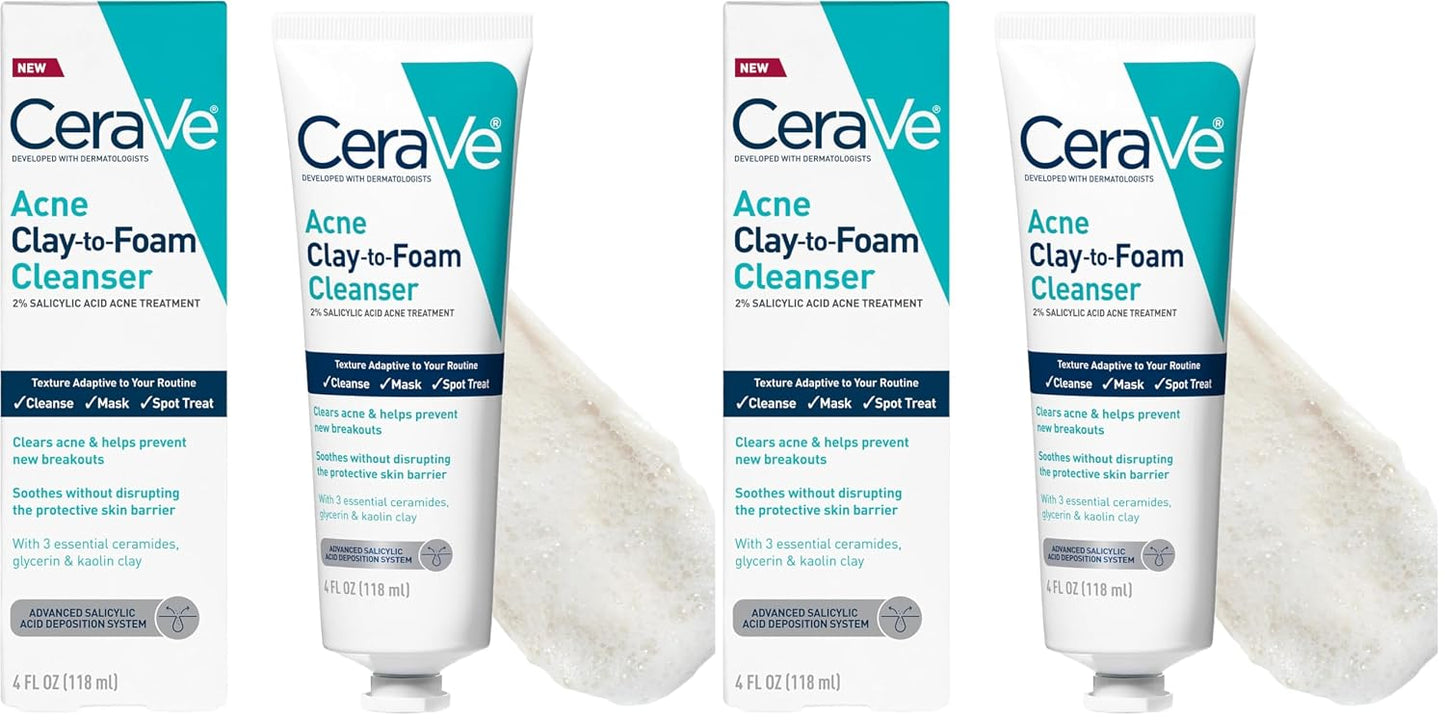 CeraVe Acne Face Wash - Salicylic Acid & Kaolin Clay Treatment | Clears Pimples & Blackheads, 4oz