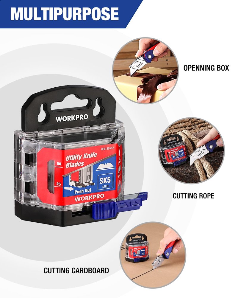 WORKPRO 50-Pack Utility Knife Blades with Dispenser, SK5 Steel Box Cutter, Standard Blades for Utility Knife Replacement