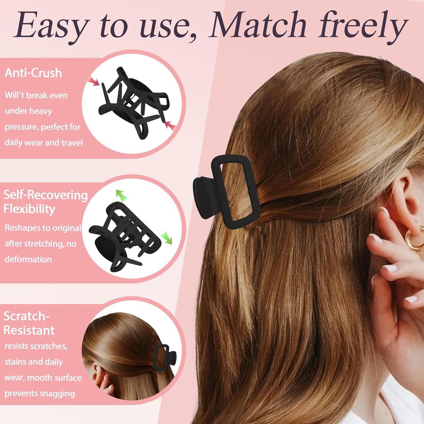 Flexible Silicone Hair Claw Clips - Strong Hold for Thin & Thick Hair | 2-Pack, 2.16in, Black