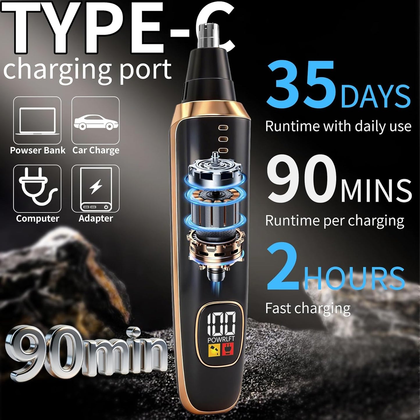 Nose and Ear Hair Trimmer - 2-in-1 LED Display USB Rechargeable | Portable Waterproof Facial Hair Removal (Black)