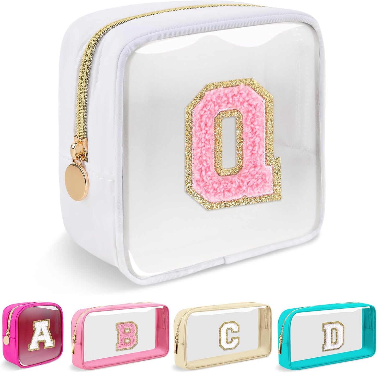 Personalized Initial Makeup Bag - Waterproof Nylon Cosmetic Pouch | A-Z Chenille Letter Patch, White-Pink G