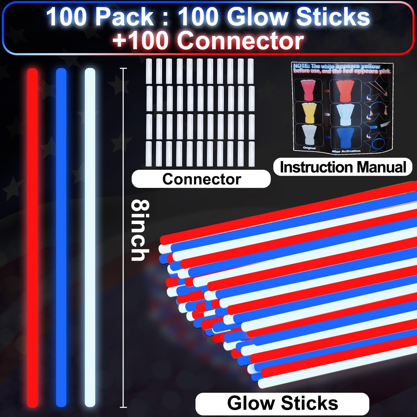 4th of July Red White Blue Glow Sticks Bulk with Connectors 100 PCS, Fourth of July Light Up Necklaces Bracelet Accessories for Kids Adults, 250th Anniversary Patriotic Party Favors Independence Day