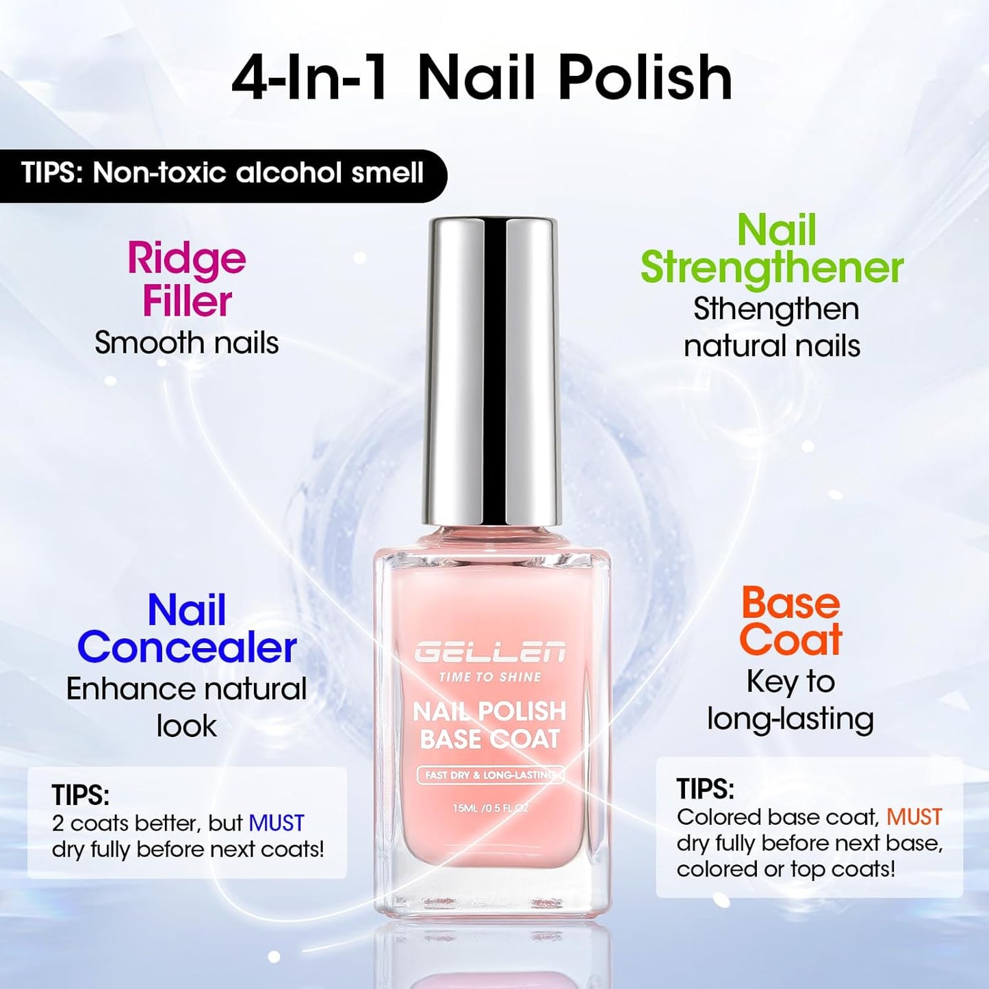 GELLEN 4-in-1 Clear Nail Polish - Base Coat, Sheer Tinted Milky Pink | Ridge Filler & Nail Strengthener