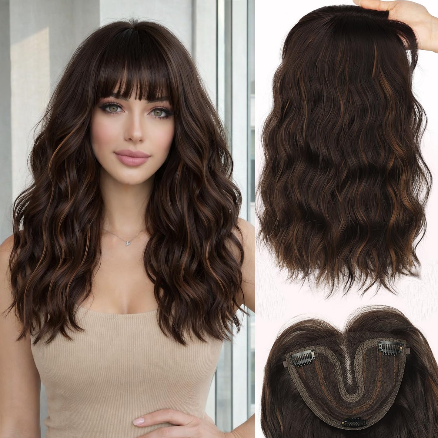 Hair Topper for Women - Clip-In Synthetic Hairpiece for Thinning Hair | 18-Inch Wavy Curly with Bangs