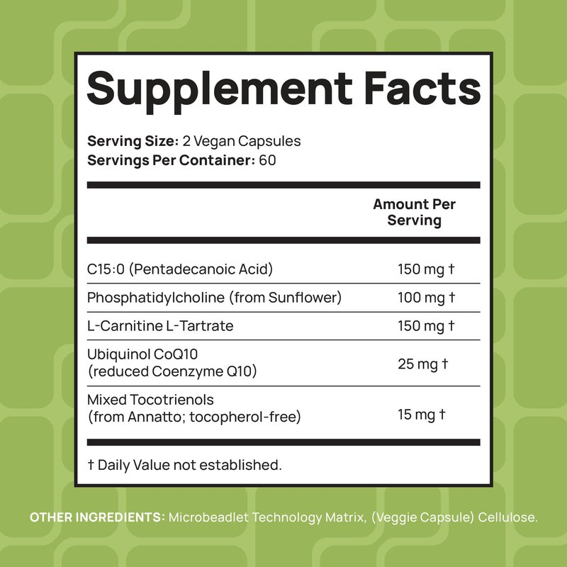 C15:0 Pentadecanoic Acid Supplement | Longevity, Cellular & Membrane Support, Micro-Granule Enhanced Absorption, Phosphatidylcholine, L-Carnitine, Ubiquinol CoQ10 & Tocotrienols – 120ct
