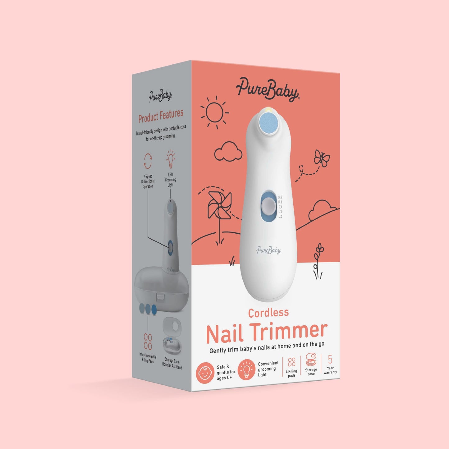 PureBaby Electric Nail Trimmer - New & Improved 6-Piece Cordless Nail Drill, 4 Attachments, 2 Speeds with Bidirectional Rotation, LED Light, Hidden File Storage, & Carrying Case for Newborns & Baby
