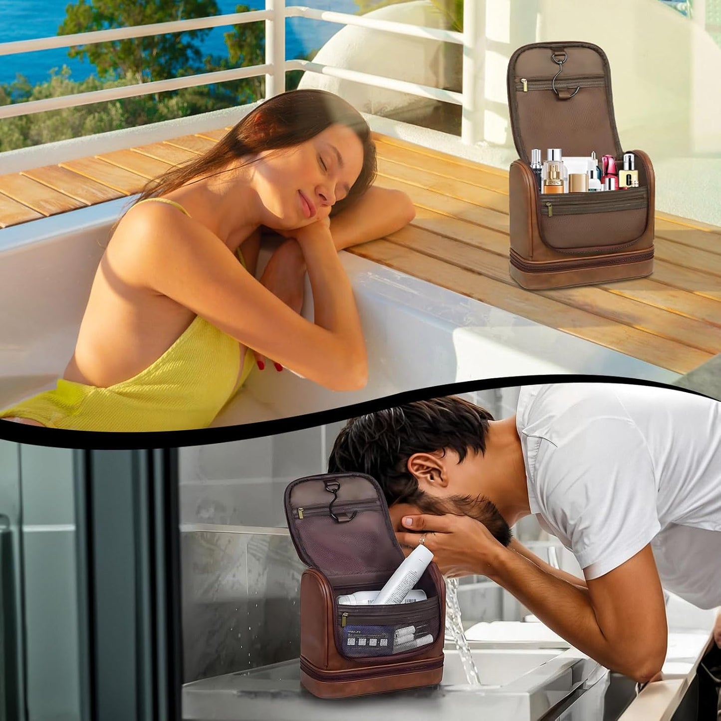 Travel Toiletry Bag - Leather Hanging Organizer | Waterproof with Separate Compartments - Dark Brown