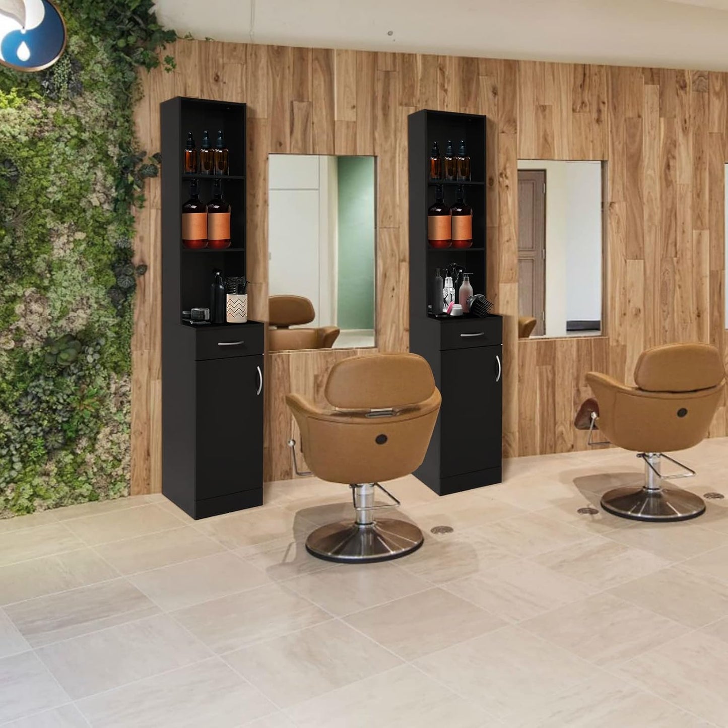 Salon Station - Barber Hair Stylist Storage Cabinet with 5 Compartments & Drawer | Durable MDF, Black