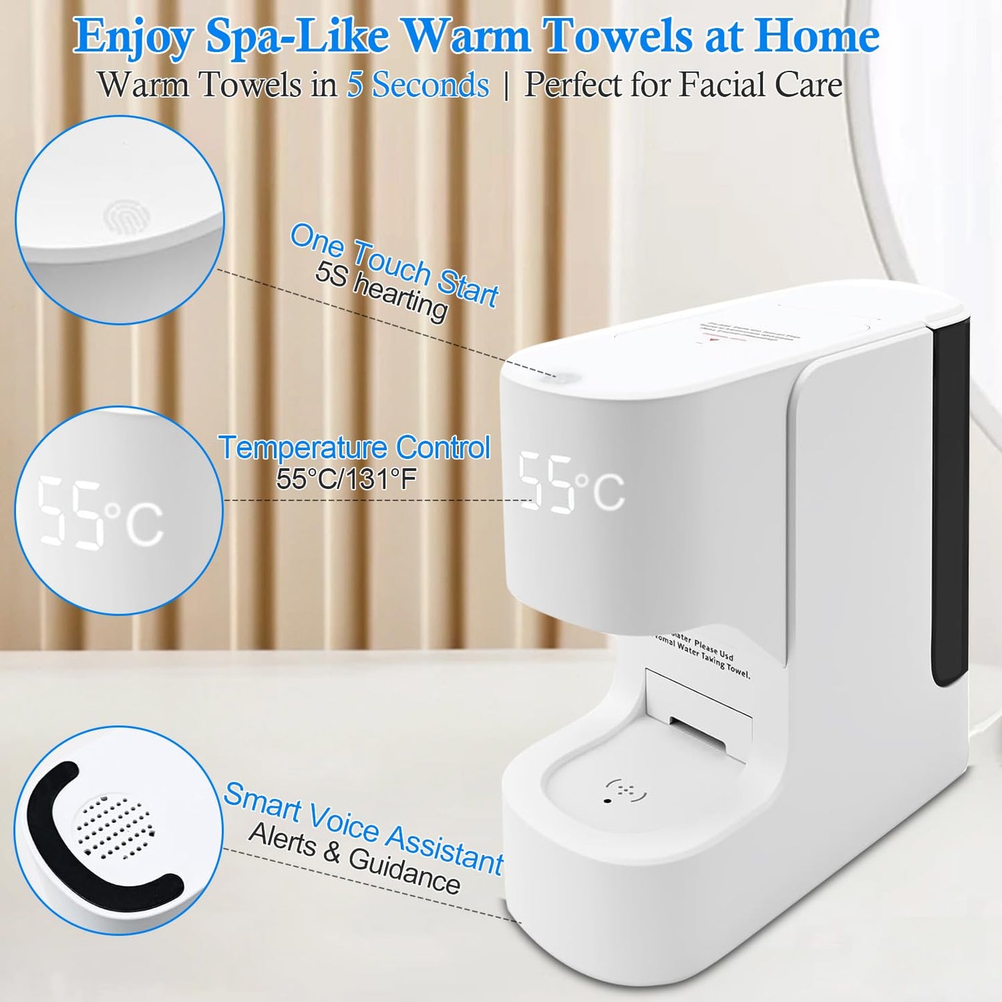 Hot Towel Warmer Machine, 5-Second Instant Heating to 55°C (131°F), Smart Voice Alert Automatic Dispenser with 20 Compressed Towels, Compact Spa Quality for Home Bathroom/Salon/Facial Skincare Use