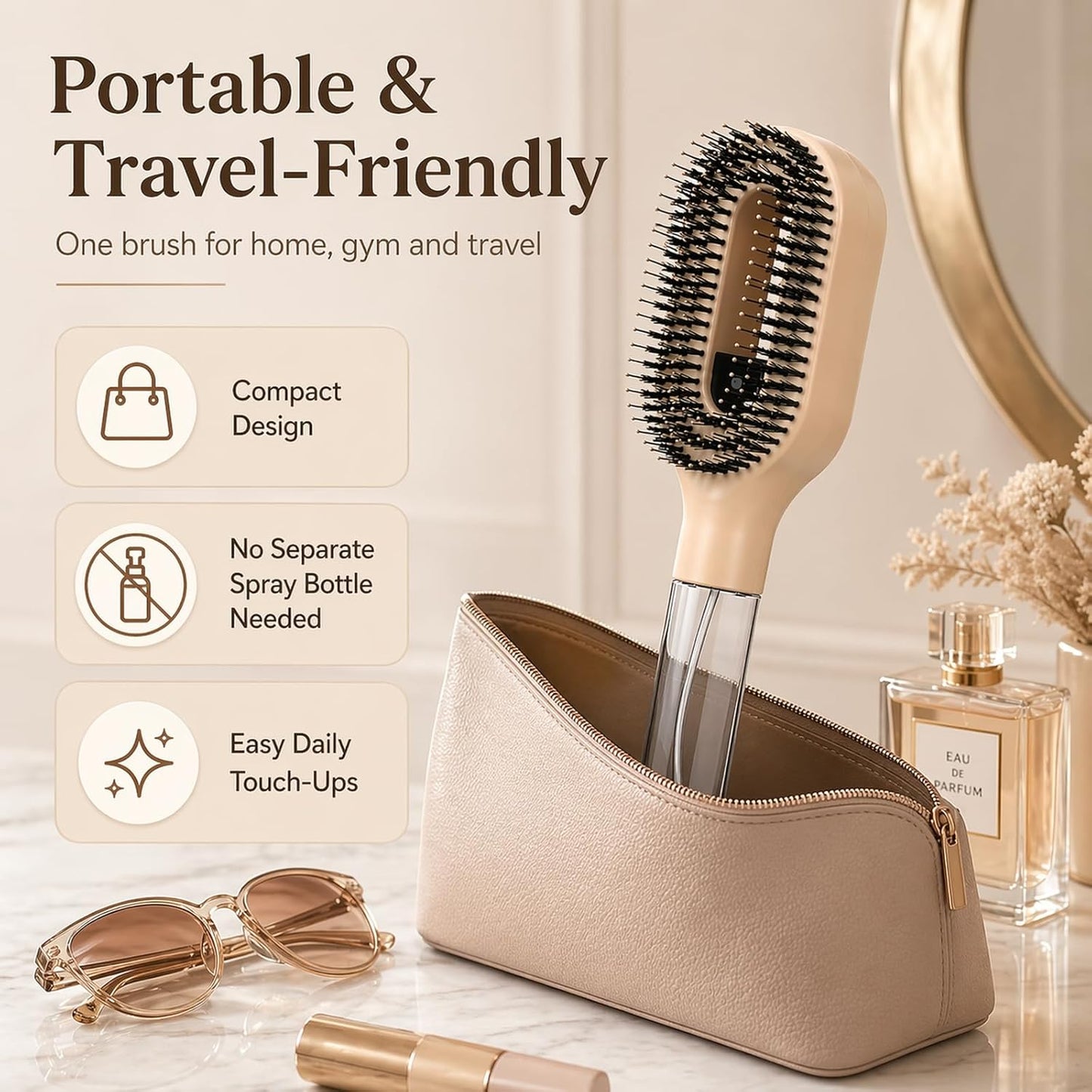 Misting Hair Brush - 2-in-1 Detangling Wet & Dry Hairbrush for Curly & Thick Hair | Refillable Water Spray, Anti-Frizz (Khaki)