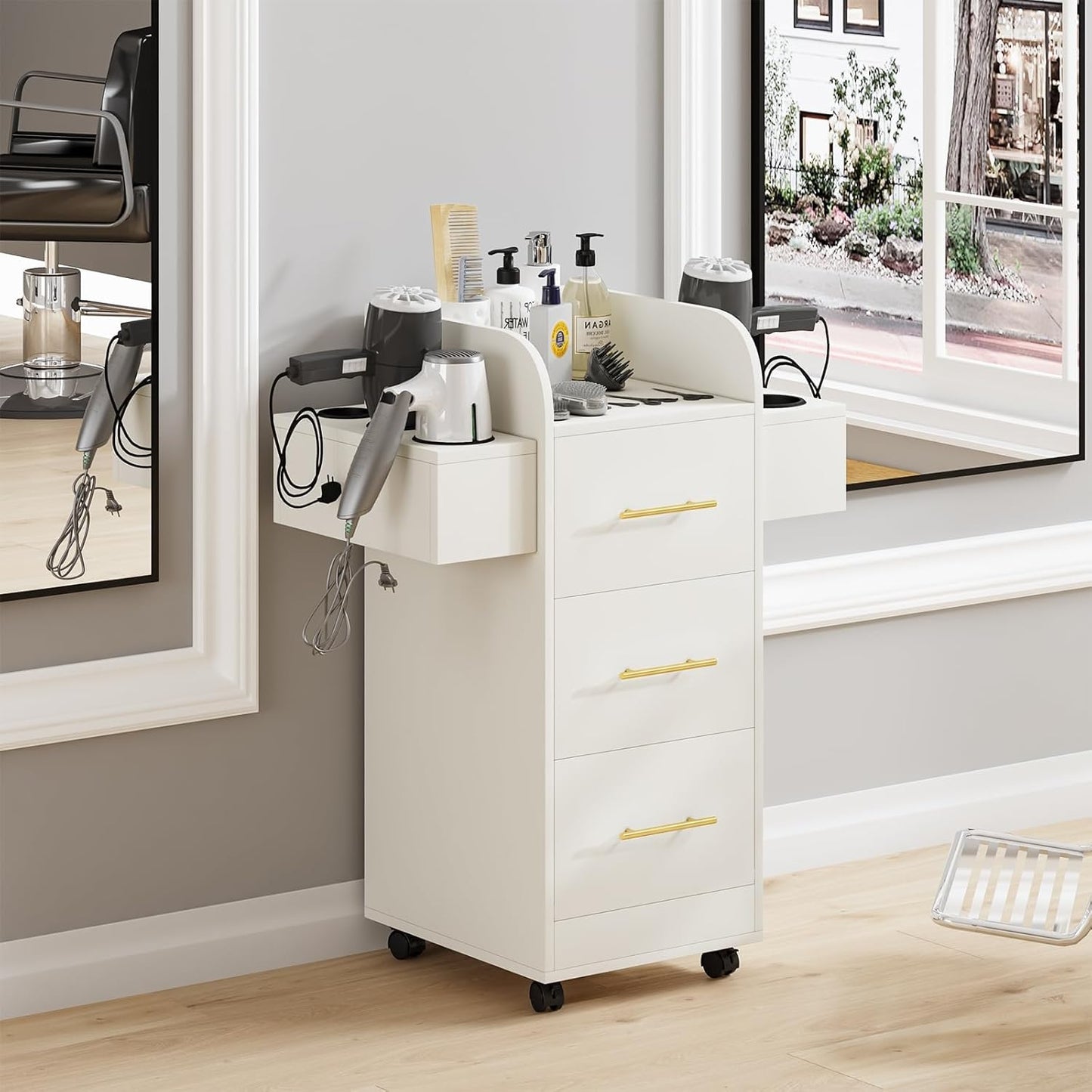 Rolling Salon Station for Hair Stylists - Mobile Trolley Cart with 6 Dryer Holders & 3 Drawers | White & Gold