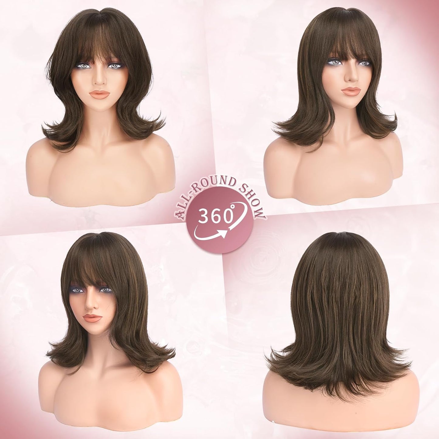 Brown Short Bob Wig with Bangs - Wavy Layered Synthetic Hair for Women | 14 Inch Natural Look with Highlights