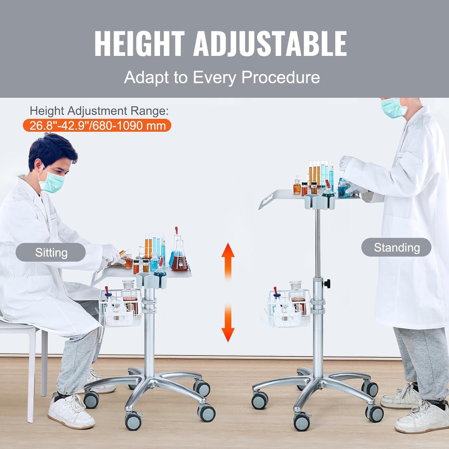 VEVOR Medical Trolley - Height Adjustable Stainless Steel Rolling Cart with Storage Basket | 19" x 17" Tabletop for Ultrasound, Dental, EKG, Lab