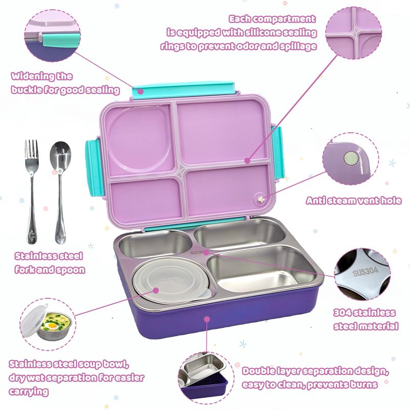 NaTuGi Kids Stainless Steel Lunch Box,304 Stainless Toddler Leak-Resistant Insulated Bento Box,Suitable For Schools,Office,Use Comes With An Independent Soup Cup,Tableware,4 Compartments (Purple)