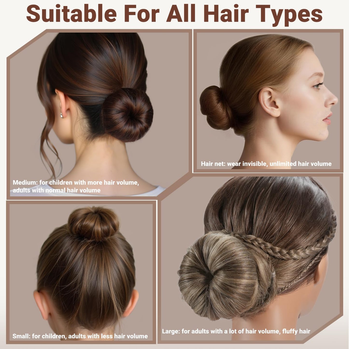 TsMADDTs Bun Maker and Hair Nets Set, Hair Accessory Set with 8 Bun Makers for Women, 10 Brown Invisible Nets, 5 Elastic Bands and 40 U Bobby Pins for Ballet, Dance