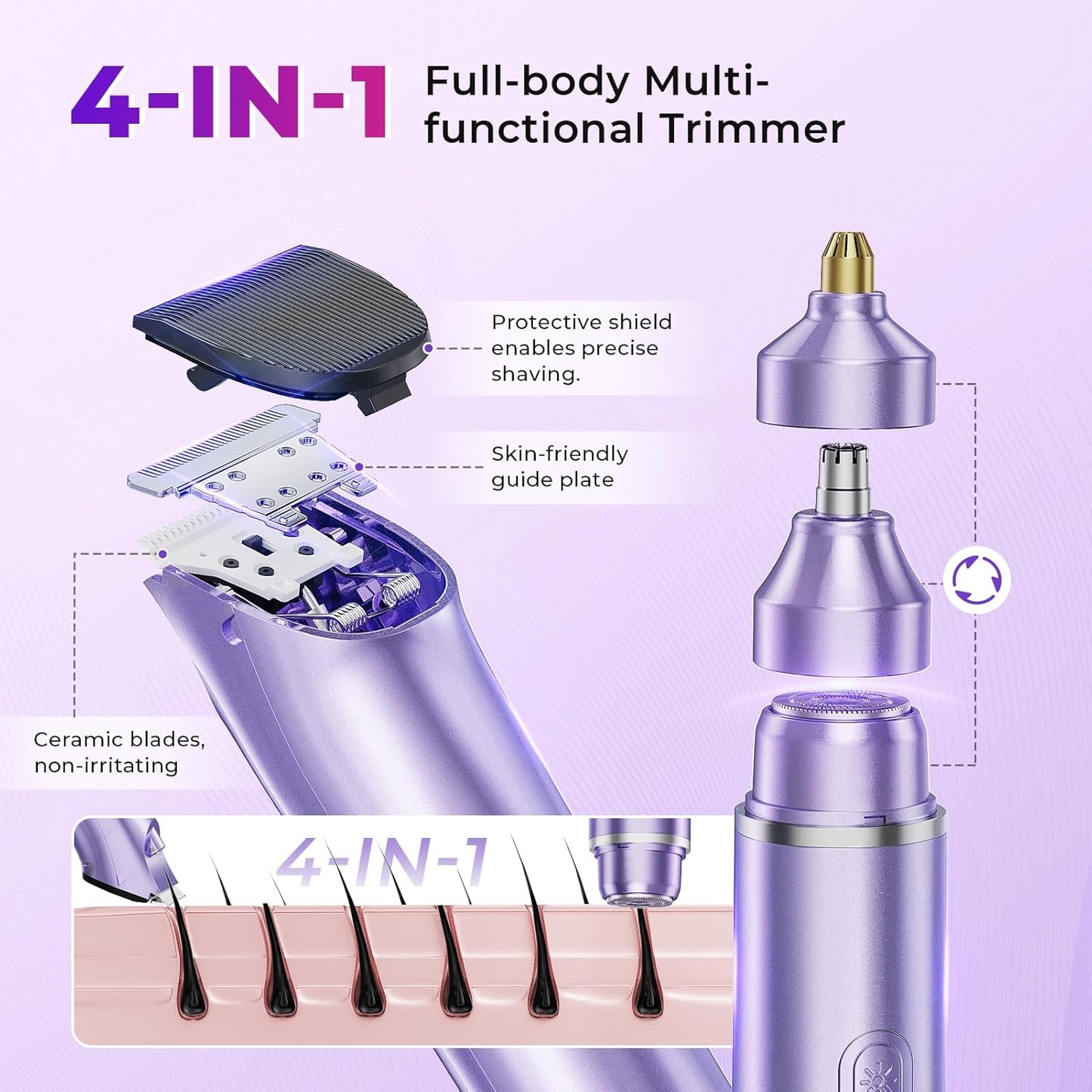 Bikini Trimmer for Women - 4-in-1 Electric Razor with Dual Heads | Wet & Dry Use, Rechargeable for Body, Face & Sensitive Areas