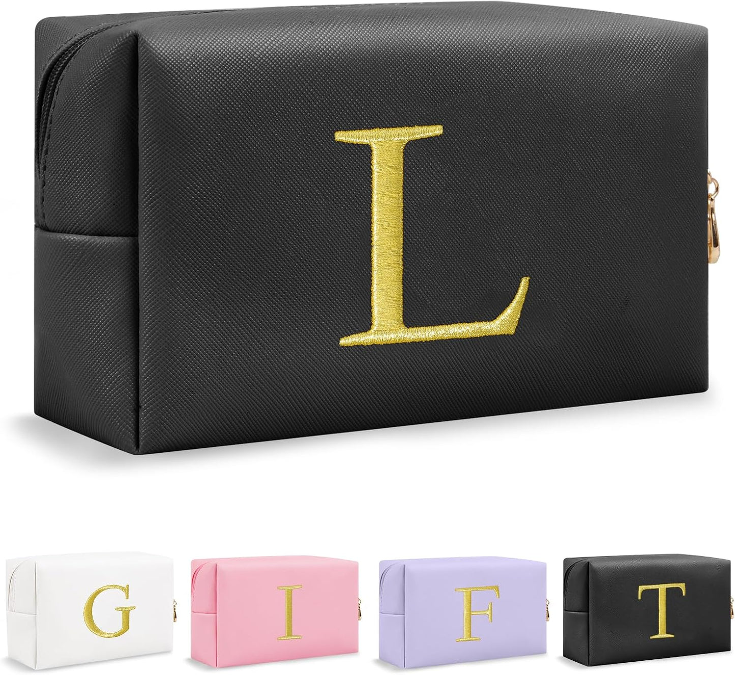 Personalized Initial Makeup Bag - Gold Embroidered Cosmetic Bag for Teens | Custom Travel Toiletry Bag (Black)