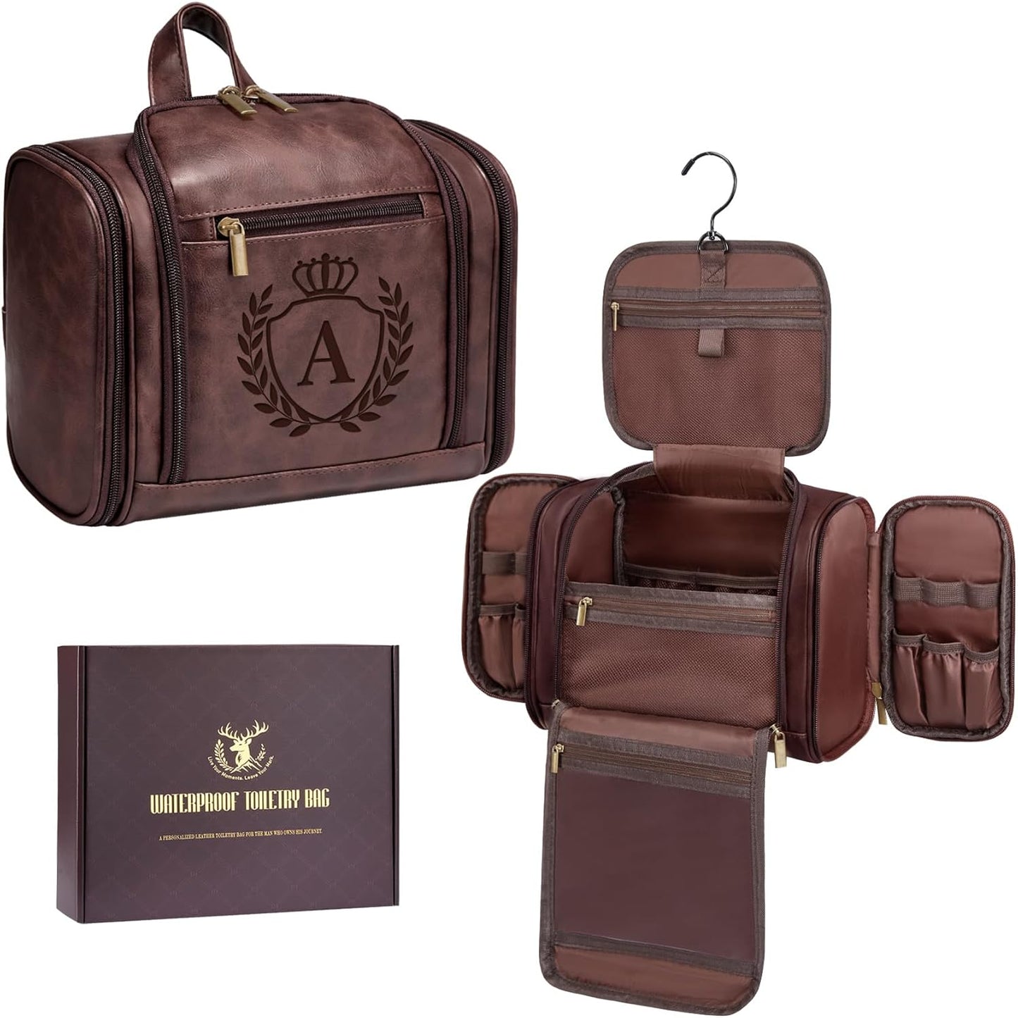 Personalized Leather Travel Toiletry Bag | Men's Dopp Kit Organizer - Tan Brown with Initial J
