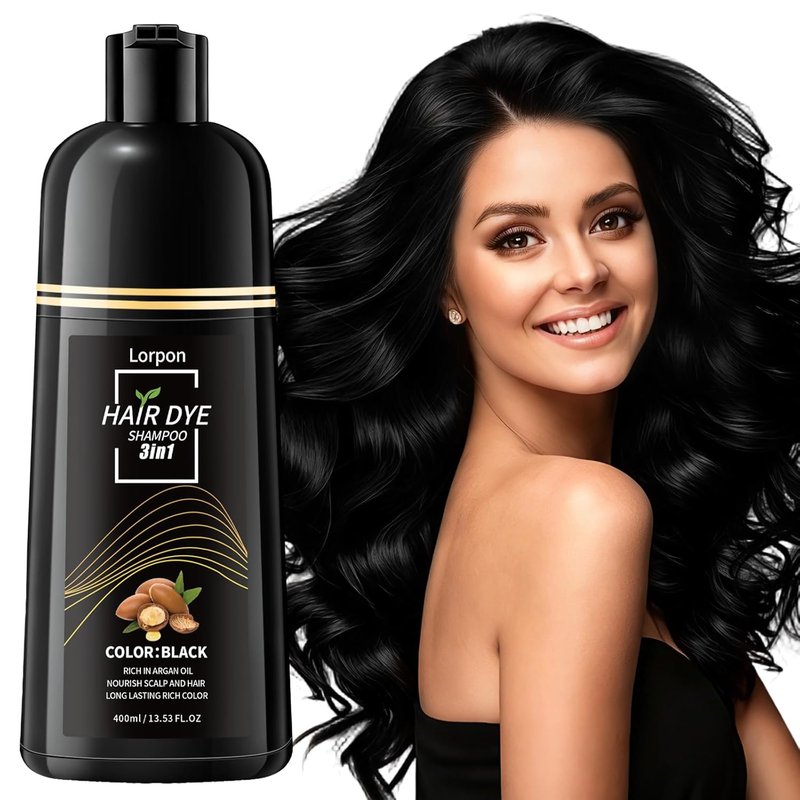 Black Hair Dye Shampoo - 3 In 1 Semi-Permanent Color for Gray Coverage | Natural Black with Argan Oil & Ginseng, 400ml