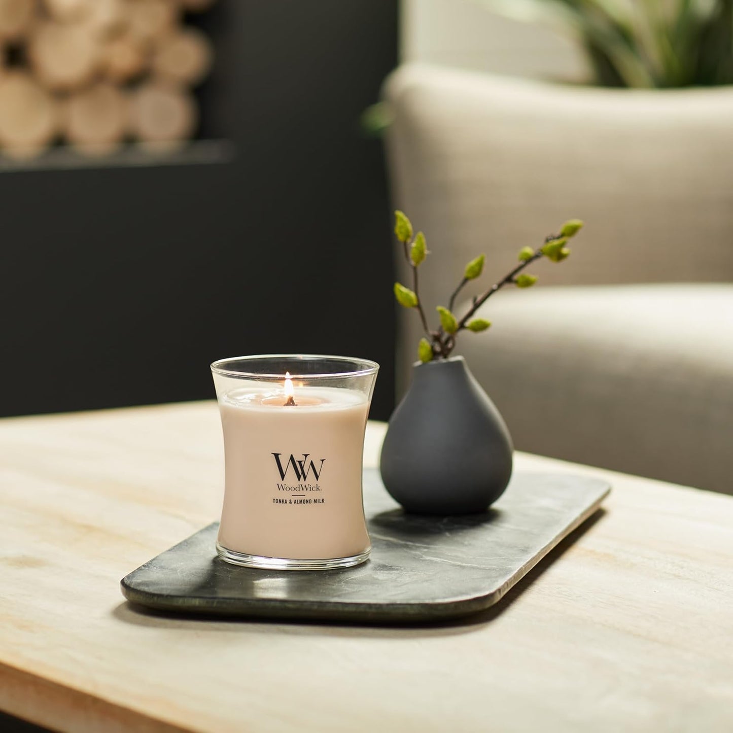 WoodWick Tonka & Almond Milk Candle - 9.7 oz Medium Hourglass with Crackling Wick | Perfect Gift for Men & Women