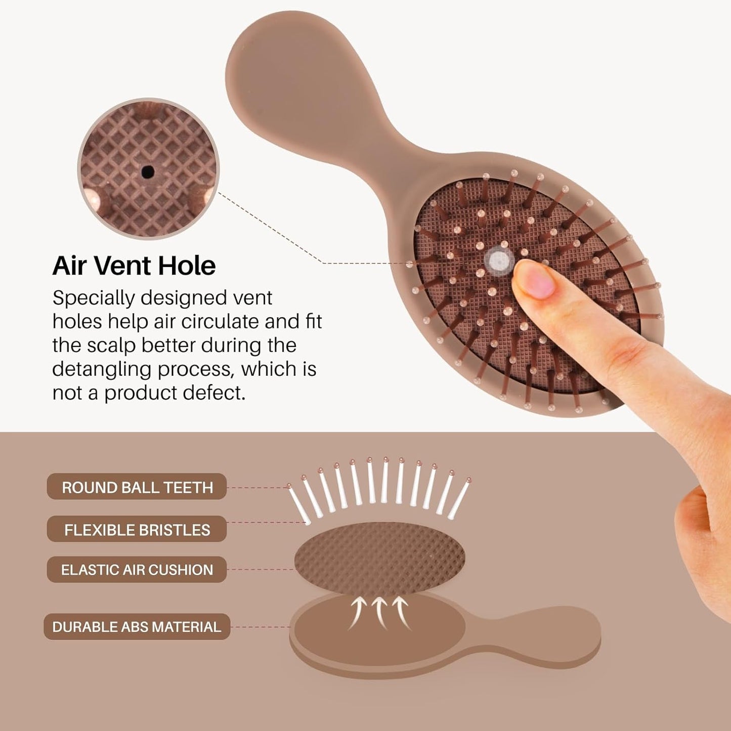 Mini Hair Brush for Women, Men & Kids - Travel Size Cushion Paddle Brush with Soft Bristles | Mocha Color