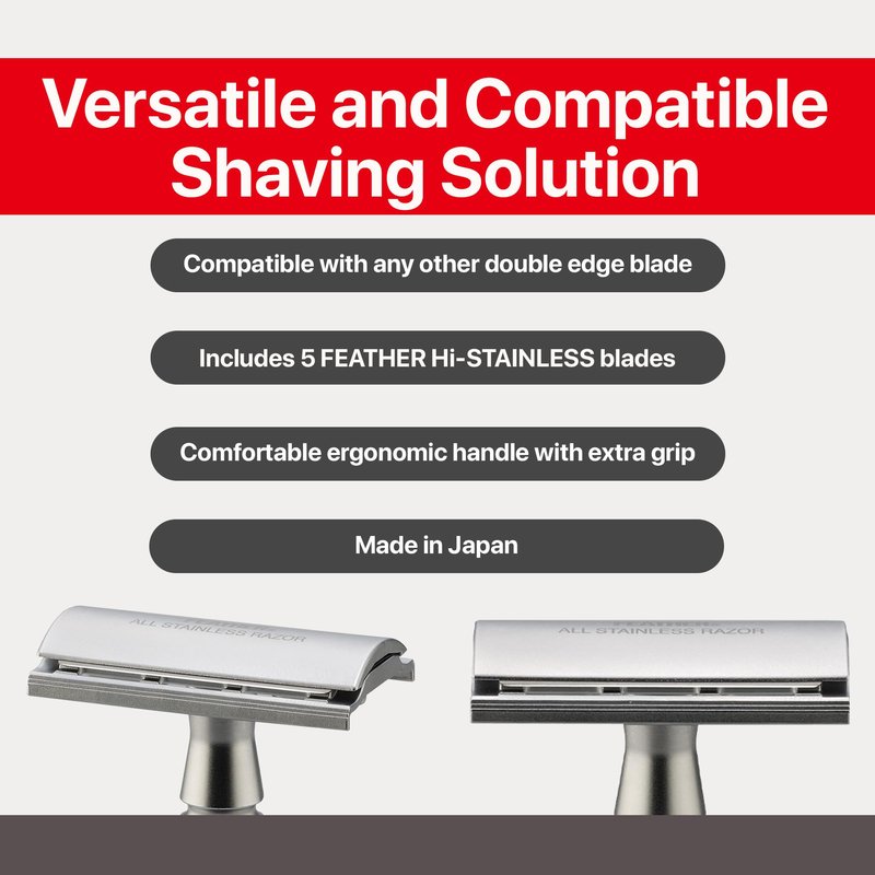 Feather - All Stainless Steel Double Edge Safety Razor AS-D2 - Luxurious Single Blade Razor for Men with Heavy Weight Handle - Built for Closer Shave - Includes 5 Hi-Stainless Blades - Made in Japan