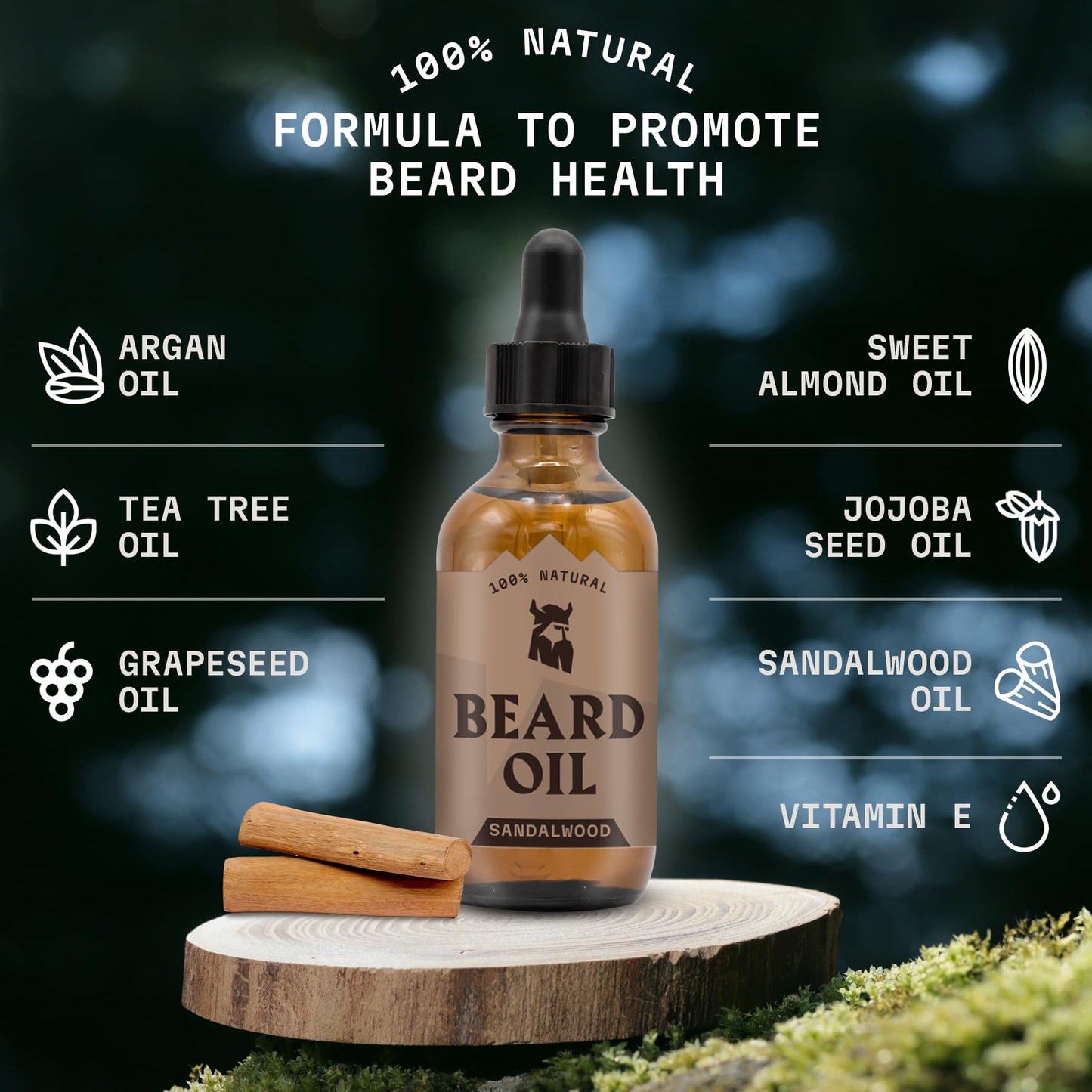 Striking Viking Natural Sandalwood Beard Oil for Men - 2 Fl Oz - Hydrating & Softening Beard Care - Non-Greasy Fast Absorbing with Tea Tree Oil - Nourishing Jojoba & Argan Extracts