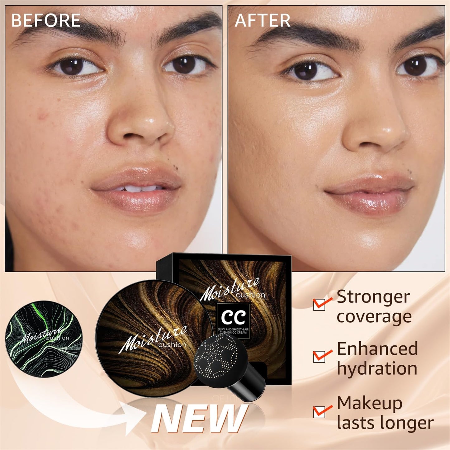 Mushroom Head Air Cushion CC Cream - Tattoo Cover up Makeup Waterproof for Mature Skin Moisturizing Concealer Brighten Long-Lasting, Gold Packaging (Natural, 3.21 Ounce (Pack of 1))