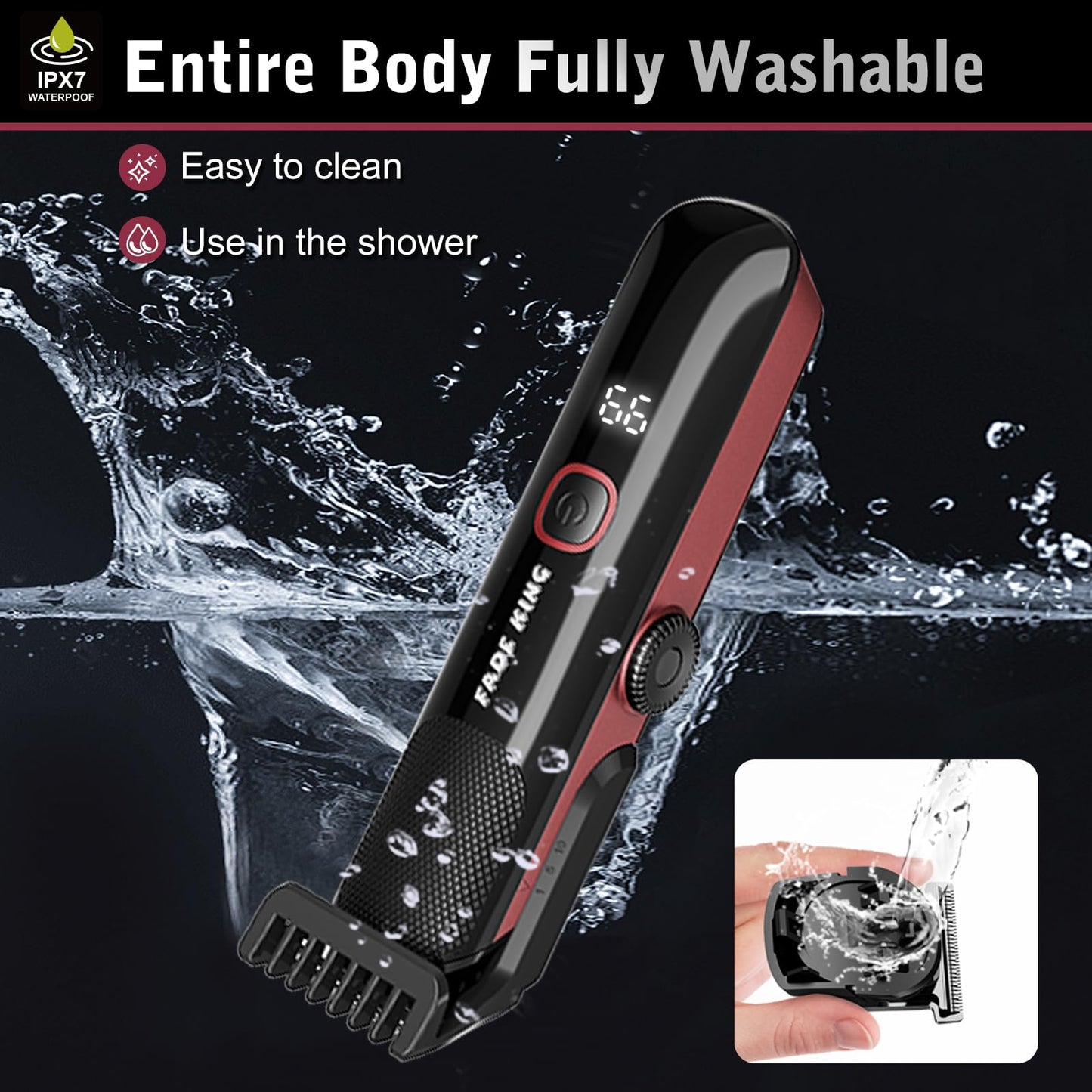 FADEKING Beard Trimmer for Men, Professional Hair Trimmer, Waterproof Electric Beard Trimmer Razor for Nose, Body, Face & Mustache, Cordless Hair Clippers, Grooming Gifts for Men (Red)