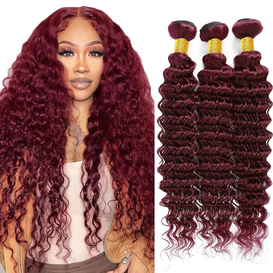 #99J Burgundy Bundles Human Hair Deep Wave Bundles 18 20 22 Inch Deep Wave Bundles Unprocessed Brazilian Virgin Hair Deals Quick Weave Hair Extensions 3 Bundle 50 Gram Per Bundle