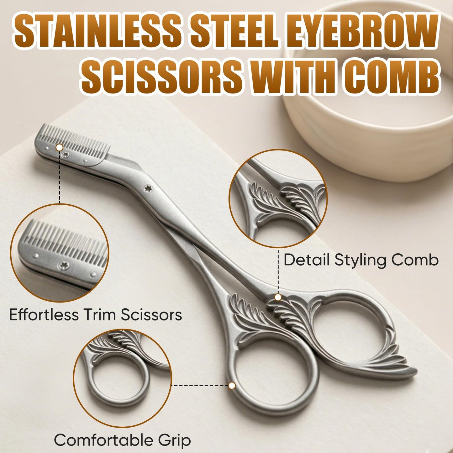 Eyebrow Trimmer Scissor with Comb, Eyebrow Scissors for Women, Stainless Steel Precision Eyebrow Cutter, Professional Eyebrow Scissors, Sleek Eyebrows Shaping Grooming Kit, Gifts For Men Women (Black)