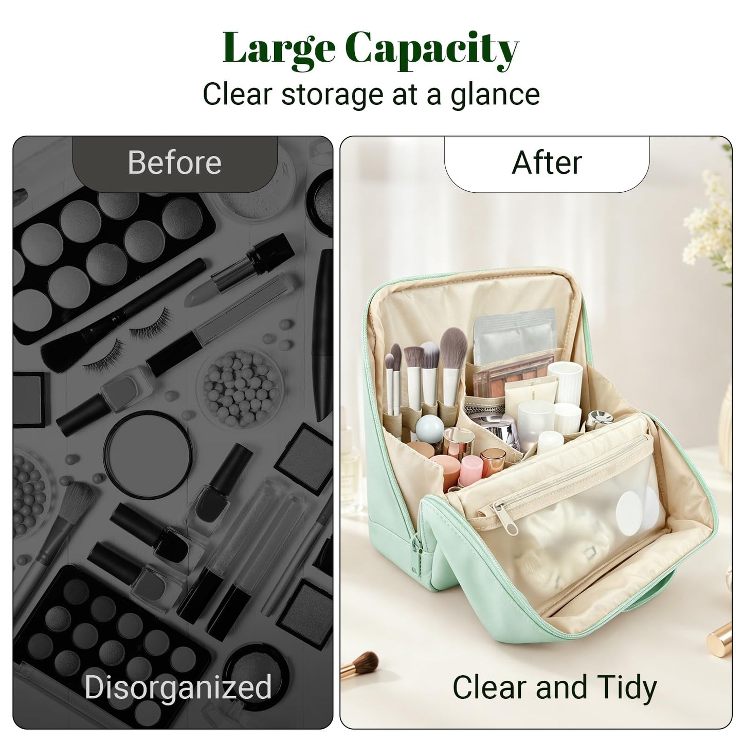 Travel Makeup Bag, Large Capacity Toiletry Bag, Waterproof PU Leather Cosmetic Bag with Clear Dividers & Handle, Portable Lightweight Vertical Free-Standing Brush Holder for Men & Women(Green)