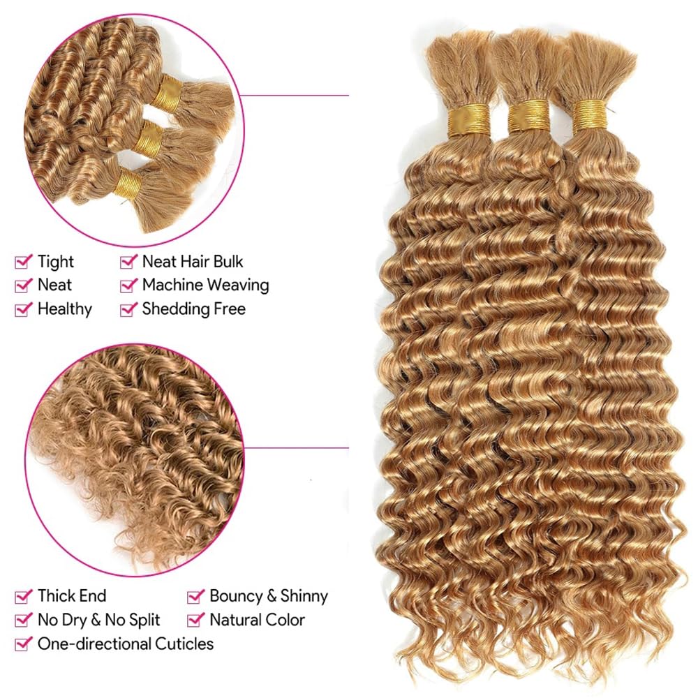 34 34 34 Inch Honey Blonde Human Braiding Hair For Boho Braids Blonde Human Braiding Hair Deep Wave #27 Bundles Boho Braids 150g