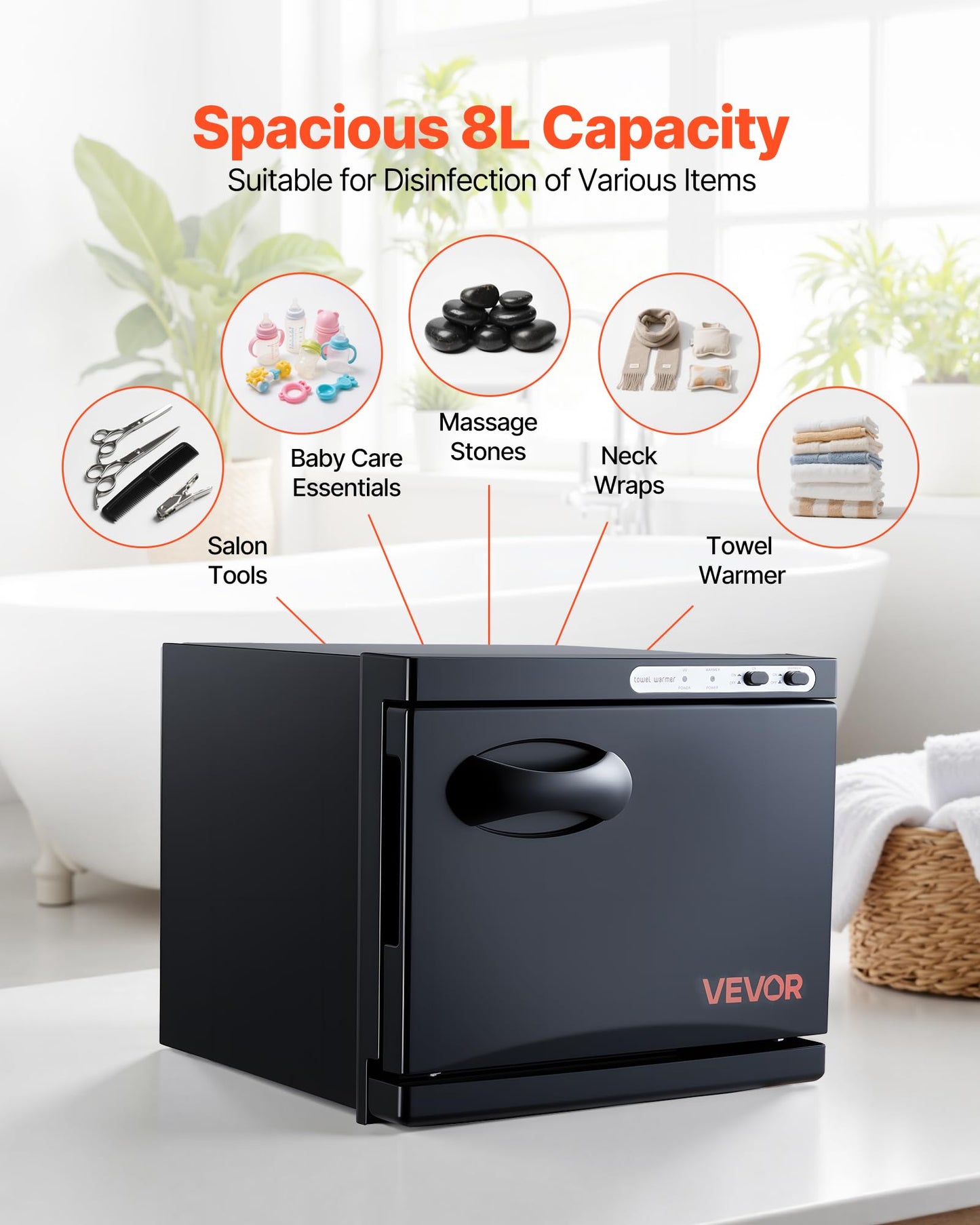 VEVOR Hot Towel Warmer, 8L Small Towel Warmer Cabinet with Clip & Stainless Steel Rack, Holds up 12 Towels, Portable All-Round Heating Cabinet for Spa, Barber, Manicures, Massage, Salon, Black