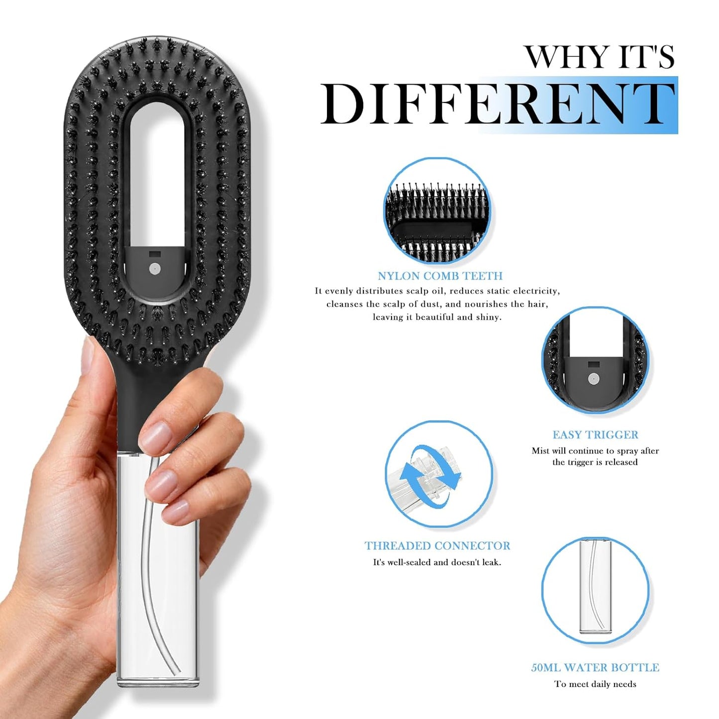 Non-Electric 2-in-1 Detangler Hair Brush with Mister Spray - Wet & Dry for Curly, Wavy & Straight Hair | 50ml Reservoir (Black)
